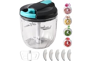 GENOSSEN Hachoir à oignon manuel, trancheur de légumes 900 ML, hachoir à oignon avec 5 lames en acier inoxydable et 1 mélangeur, hachoir multifonction avec cordon de traction, pour oignons, ail (Bleu-900ml)