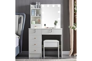 Saihemei Dressing Vanity Table with Mirror and Stool, Makeup Table with 6 Drawers and Shelves Storage Unit Cosmetic Bedroom Makeup Desk for Girls