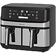 EMtronics Dual Air Fryer Extra Large Family Size Double XL 9 Litre with 8 Adjustable Pre-Set Menus for Oil Free & Low Fat Healthy Cooking, Easy Clean Metal Interior, 99-Minute Timer - Stainless Steel