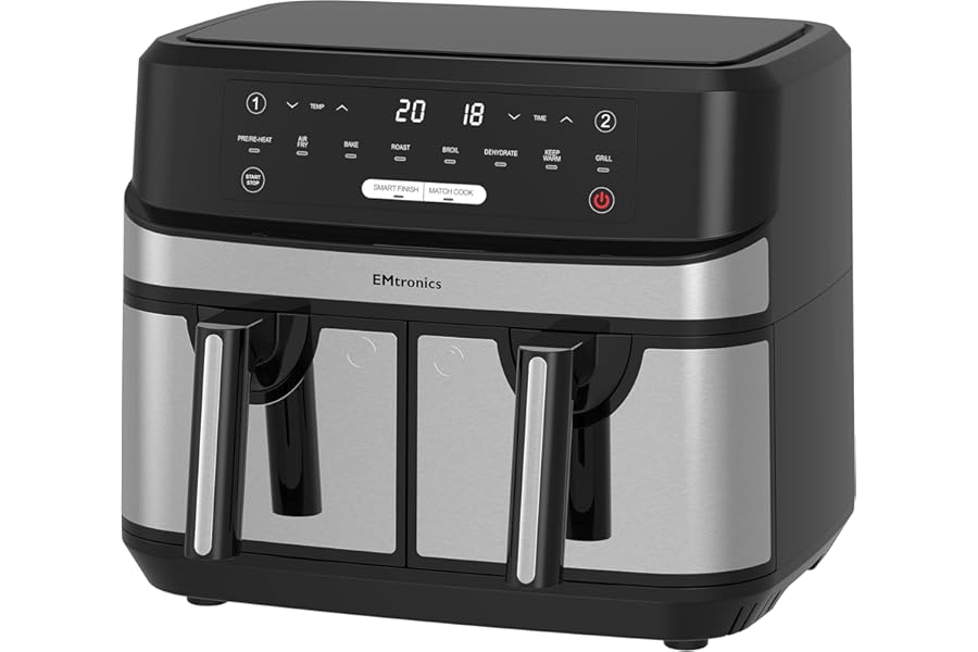 EMtronics EMAFDD9LSL Dual Air Fryer Extra Large Family Size Double XL 9 Litre with 8 Pre-Set Menus for Oil Free & Low Fat Healthy Cooking, Easy Clean Metal Interior, 99-Minute Timer - Stainless Steel
