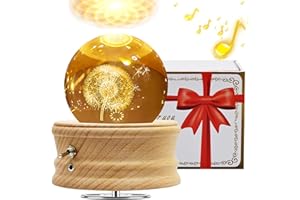 BUOTAU Caja de Música con Bola de Cristal 3D, Caja de Música Giratoria 360° Luminosa con Proyección de luz y Base de Madera para Niños, Esposas, Madres, Regalo Decorativo Creativo(Diente de león)