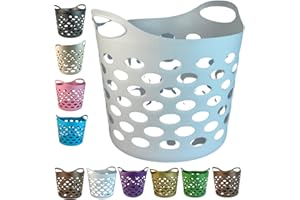 OCEANEVO Plastic Laundry Basket With Handles Flexi Large Storage Round Hipster Hamper For Clothes Nursery & Home Organisation 13 Colours 30L (White)