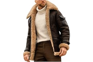 GENERIC Fleece Jacket Mens Vintage Flight Bomber Jackets Faux Shearling Aviator Leather Jacket Zip Up Thick Furry Windproof Winter Outerwear Cargo Patchwork Waterproof Coat with Plush Collar