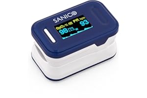 SANICO Pulsossimetro da Dito - Dispositivo Compatto per Misurare: Frequenza Cardiaca, Indice di Perfusione e Ossigeno nel Sangue SpO2 - Display a Colori a 6 Orientazioni, Autoarresto, Batterie Incluse