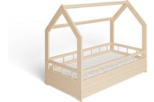 MS FACTORY Lit Enfant Bébé avec Un Matelas Maison 70x140 cm - Lit en Massif Cabane avec Protection Anti-retombée, Barrière Sécurité - Style Scandinave Montessori - Bois Barrières