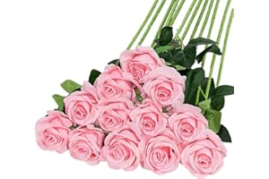 JAONLD 12 Stücke Kunstblumen Seidenblumen Rosen 51 * 7cm Kunstblumen Blätter und Verstellbare Stiele,Realistisch und Weich Künstliche Blumen für DIY Hochzeitsfeier,Valentinstag,Zuhause Dekoration(Hellrosa)