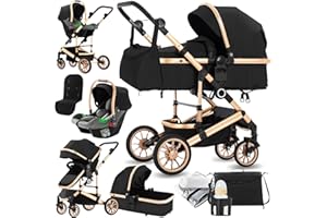 Blahoo 3 in 1 Kinderwagen Kombikinderwagen,Baby-Kinderwagen für Neugeborene,faltbare Aluminium-Legierung Kinderwagen mit verstellbarer Rückenlehne,Bassinet Kinderwagen (BLACK)