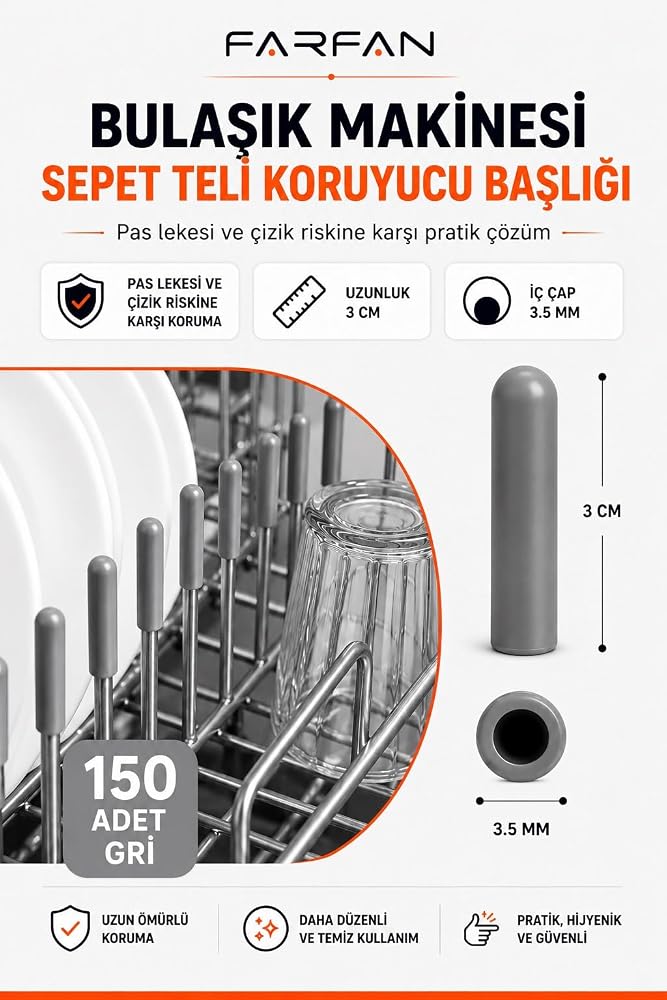 150 Adet Gri | Bulaşık Makinesi Sepetleri Çubukları Için Birinci Sınıf Pas ve Çizilmeleri Önleyen Plastik Kapak Uçları | Tamir Seti