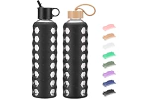 BLUEGO Bouteilles d'eau en verre, 700/900 ml Verre Gobelet, Bouteilles à boire avec 2 couvercles, Motivation Bouteille d'eau avec Marqueur de temps et manchon en silicone, Étanche