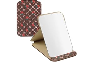 DEANKEJI Specchio Pieghevole in Pelle PU, Elegante Specchio per il Trucco Color Caffè Scuro, 6,4 × 4,3 Inch Portatile da Pollici con Supporto Regolabile, Necessità per Ragazze Delicate