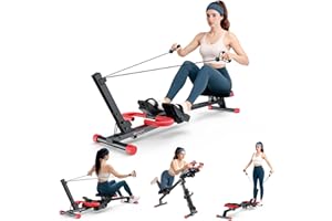 WARMOUNTS 4 in 1 Rowing Machine, Adjustable Ab Trainer with 4 Levels & 4 Heights, 120kg Weight Capacity Home Gym Equipment, LCD Monitor, Foldable Efficient Workout Rower for Full-Body, Silent Slides