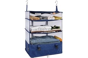 Surblue Hanging 3-Shelf Closet Organizer Foldable Travel Storage Bag for Clothes Washable Oxford Fabric with 2 Hooks Blue XL