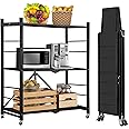 ABOUT SPACE Foldable Kitchen Storage Rack - 3 Tier Space Saving Metal Stand with Caster Wheels - Crockery Unit-Multifunctional Movable Microwave Stand Trolley-Upto 90kg (Black - L 75 x B 36 x H 85 cm)