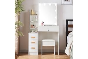 Jrswin White Makeup Vanity Desk with 10 LED Lighted Bulbs, Makeup Vanity Dressing Table with Sliding Mirror and Cushioned Stool, Vanity Table Set with 4 Drawers for Girls Bedroom Furniture