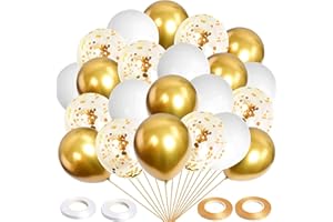 Q-WOOFF Ballons d'or, Ballon Anniversaire, 60 Ballons Comprend des Ballons en Or métallique, Ballon confettis, Ballon Blanc et 4 Rubans. Convient pour la Decoration Anniversaire, Mariage，Se réunir