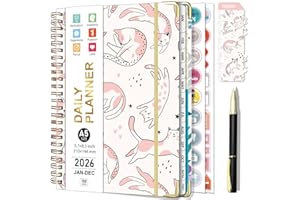 NEYSA Agenda 2026 Semainier Spirale de Janvier à Décembre (12 mois) A5 Agenda Scolaire semainier et mensuel Avec Autocollants de plan, Stylo,Onglets Mensuels, pochette (Chat rose)