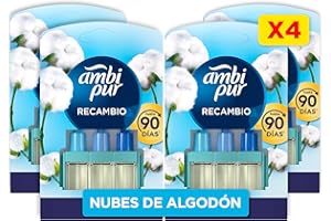 FEBREZE Ambi Pur 3Volution Nubes De Algodón Recambio De Ambientador Eléctrico 80ml, 3 Aromas Que Se Alternan Para Eliminar Olores 4 Unidades