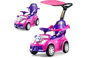 COSTWAY 3 in 1 Auto a Spinta, Macchinina da Passeggio con Clacson, Musica, Luci, Cintura di Sicurezza, Tettuccio e Manico, Macchina Cavalcabile per Bambini 1+ Anni (Rosa)