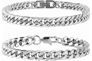 DIVINA VITAE 2 Pcs Cuban Link Bracelet Silver Chain Bracelet Men Sturdy Stainless Steel Bracelet Cuban Figaro Chain Bracelets Franco Wrist Chain Mens Silver Jewelry Bracelet Gifts for Men Women 8.26inch