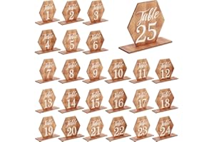 PH PandaHall 25 Ensemble de Numéros de Table avec Base en Bois Hexagone Numéros de Table de Réception de Mariage Centres de Table de Mariage Auto-Stands pour Banquet Restaurant Fête Décor 8.4x8.4 cm