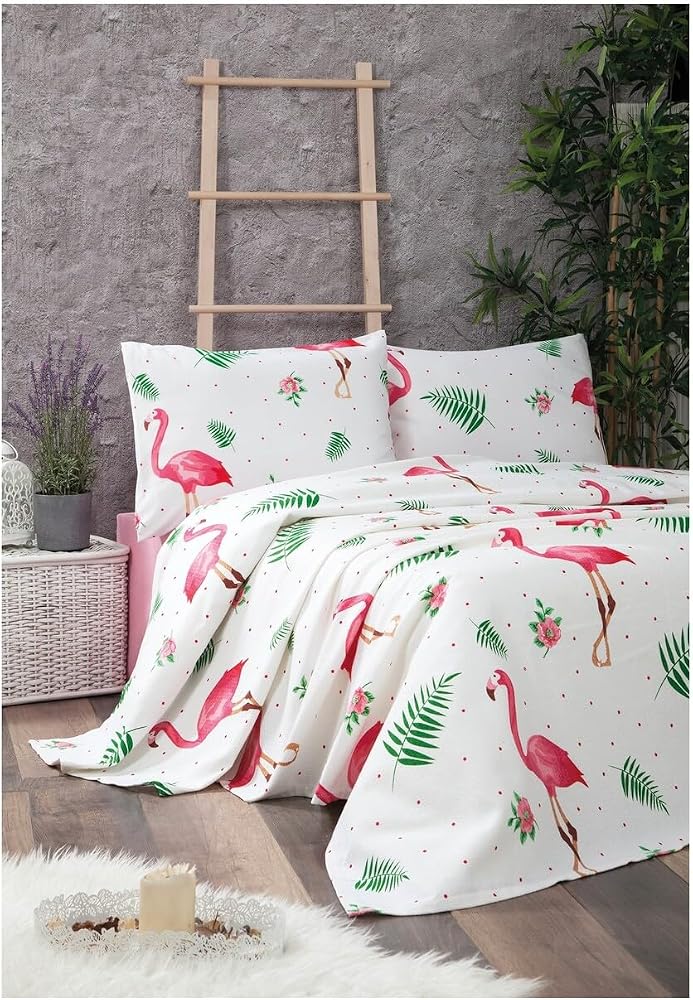 Ezgi Çocuk Desen Çarşafı Lastikli Tek Kişilik Nevresim Takımı 2 Yastıklı, Flamingo, 120x200 cm