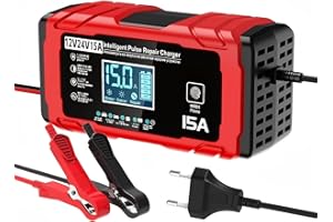 TEKXDD Caricabatteria per Auto 15A - 12V/24V 15A Carica Batterie intelligente Auto, Schermo LCD, Caricabatterie con Multi-Protezione, Compatibile con Batterie per Auto, Moto, AGM e LiFePO4