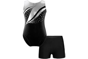 ranrann Enfant Fille Justaucorps Gymnastique Métallique Strass sans Manches Tenue Patinage Artistique Danse Brillant avec Short de Sport Costume Dancewear 5-16 Ans