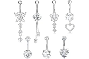 EOAMGO Surgical Stainless Steel Belly Button Rings Long Short 16g Set of 6, Stainless Steel