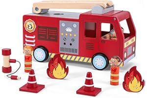 SOKA PLAY IMAGINE LEARN SOKA Wooden Fire Engine Truck with Firefighter Figurines Educational Montessori Blocks Firefight Vehicle Toy Set Gift for Children Kids Boy Girl Ages 3 years old +