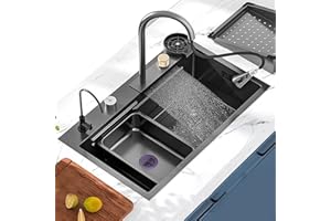 SYNSHOP Fregadero De Cocina Negro Grifo De Cascada Fregadero De Acero Inoxidable 304 Fregadero De Un Seno Con Lavavasos Todos Los Accesorios Incluidos (S : 80x45cm)
