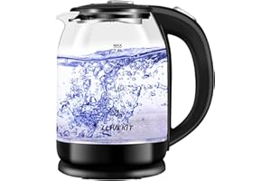 LLIVEKIT Hervidor Eléctrico de Agua 1,8 L con Luz LED, 1800W, Hervidor de Agua de Vidrio y Acero Inoxidable Libre de BPA, con Apagado Automático, Protección contra Ebullición en Seco, Base 360°