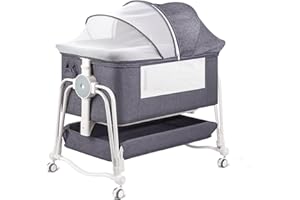 suihuooo 4 In 1 Beistellbett Baby, Reisebett Baby mit Matratze, Babybett 7 Fach höhenverstellbar mit Aufbewahrungskorb & Tragetasche, Licht Kinderbett mit Rollen, Matratze und Moskitonetz（Grau）