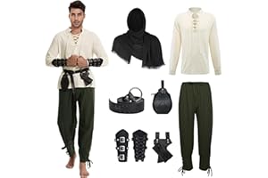 AJGEGJE Mittelalter Kleidung Herren, 7 Stück Herren Renaissance Kostüm Set, Mittelalter Viking Kostüm mit Piratenhemd Herren Lang Hose Gürtel Handgelenkgurt