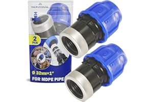 2 Pièces Raccord Manchon Ø 32 mm x 1″ à Filetage Femelle Renforcé par une Bague en Acier Galvanisé en Polypropylène PP pour Connexion de Tuyau Polyethylene PE - MONTERAL