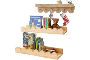 BUNTEHUNDE Nursery Shelves, 3- Pack Nursery Book Shelf with Hook 15.75-Inch Kids Wall Bookshelf Wooden Floating Shelves for Bedroom, Living Room,Kindergarten Safe Wall-Mounted Book Storage (Natural Wood)