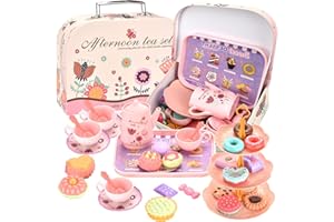 WISHTIME Pretend Play Toy Tea Set for Girls - Kids Role Play Tea Toy Party Set, 28pc Plastic Afternoon Tea Time Playset with Teapot, Cup, Spoon, Saucer, Serve Tray 3 4 5 Year Old Girl Gift