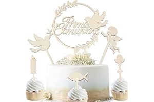 Humairc Topper Prima Comunione, 6pz Bambini In legno Cake Topper, Calice Pesce Angeli Colombe Candele, per Decorazione Torta Prima Comunione, Decorazioni per Prima Comunione, Decorazioni per Cupcake
