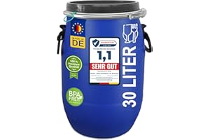 plasteo® 30 Liter Deckelfass, Kunststofffass, Weithalsfass mit Spannverschluss |Luftdicht Verschließbar| Stapelbar und Palettengerecht | Stabile Griffe | Futtertonne Universalfass | Gütezeichen (30L)