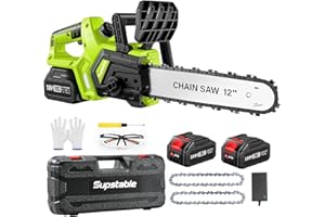 Supstable Motosega a Batteria 12 Pollici, 1200W, 8000mAh, Motore Brushless, Tensionamento Senza Attrezzi - Ideale per Potatura e Taglio del Legno