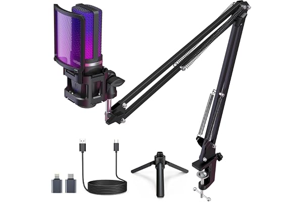 zealsound Micro Gaming pour PC Telephone iPhone, avec RGB et Sourdine, Adaptateur USB-C & Lightning, Trépied & Bras, Prise 3,5 mm, Microphone USB à Condensateur pour Podcast Streaming Twitch Youtube