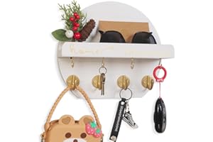DXIUNOVE Key Holder for Wall Key Hooks Wall Mounted with Dried Flowers with Shelf and Wooden Key Holder Round Key Rack for Entryway Mudroom Hallway Kitchen Office (White)