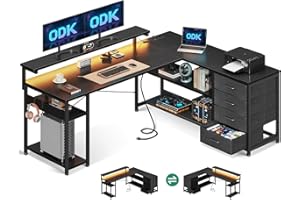 ODK Biurko z szufladami, odwracalne biurko narożne z 2 gniazdami i 2 portami USB, biurko L z diodami LED do domowego biura, czarne, 155 x 110 cm