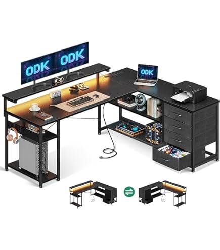 ODK Bureau, hoekbureau wit met boekenkast, bureau L-vorm met plank rechts of links, computertafel met lange monitorstandaard voor thuiskantoor, 155 x 140 cm