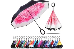 CICILIAYA Double Layer Folding Inverted Umbrella, Self Stand Upside-down Rain Protection Car Reverse Umbrellas with C-shaped Handle Big Straight Umbrella