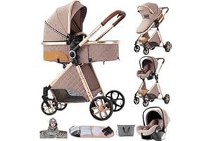 NADDLILY Carrito Bebe 3 en 1, Carrito Bebe con Diseño Portátil Plegable de Un Clic, Carro Bebes 3 Piezas con Empuje Reversible de Dos Vías, Cochecito Tres Piezas con Accesorios (V9 Khaki)