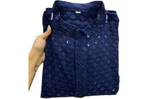 Estationeryhouse Kurta-Pyjama für Herren mit gerader Passform aus Baumwolle (Rayon), schwere Stickerei vorne und hinten (mit weißem Schlafanzug)