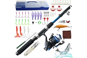 GOMETY Juego de pesca para niños, 1,5 m, juego de iniciación con carrete y cebo, caña de pescar telescópica de fibra de carbono y carrete de línea de pesca, accesorios para niños de 3 a 10 años, juego