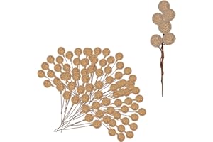 Mienocol 100pcs Christmas Artificial Frosted Fruit Berry, 1.4cm Gold Twig Stem Fruits Picks for Winter Wreath Making, Xmas Tree Decorations Supplies