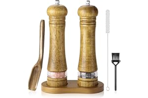 PENOBON Set Macina Sale e Pepe in Legno,Macinapepe Manuale con Grinder Regolabile in Ceramica,con cucchiaio di riempimento del vassoio e spazzola di pulizia,21.5 * 5cm