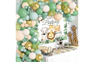 BALLOON GARLAND Decoraciones Fiesta de Cumpleaños Verde para Niños Niñas, Suministros Fiesta Cumpleaño Animale de la selva con Kit Arco Globos Dorado Verde y Tela de Fondo Animales, Decoraciones Fiesta Dorado Verde